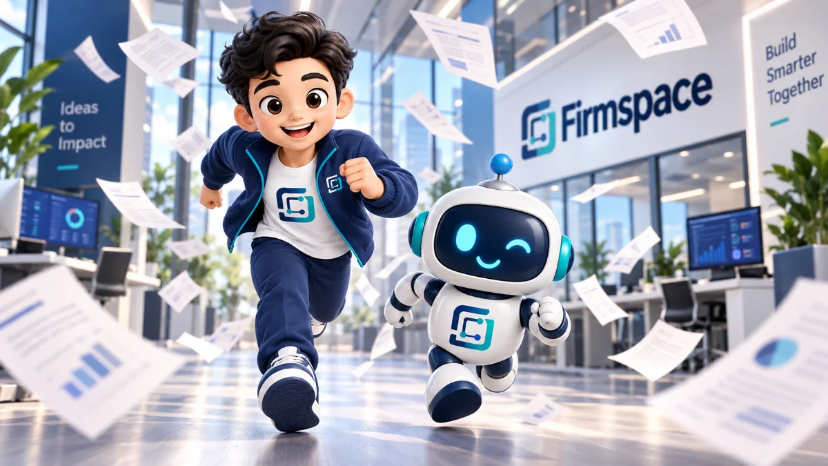 ตัวละคร Firmspace วิ่งไปด้วยกันกับหุ่นยนต์ผู้ช่วยกลางเอกสารที่ปลิวอยู่ในสำนักงาน สื่อถึงลูกค้าและทีมบัญชีที่เดินงานไปพร้อมกัน